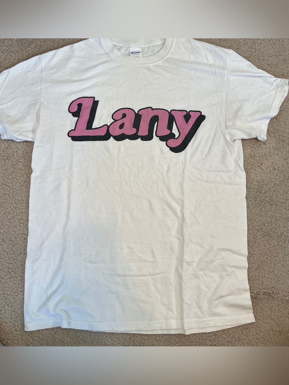 Gildan White Tee with Pink and Black 'Lany' Logo